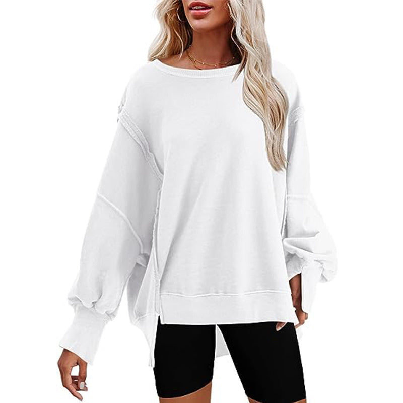 Pullover Sweatshirt Loose Round Neck Side Slit Long Sleeve Sports Sweatshirt For Women Tops