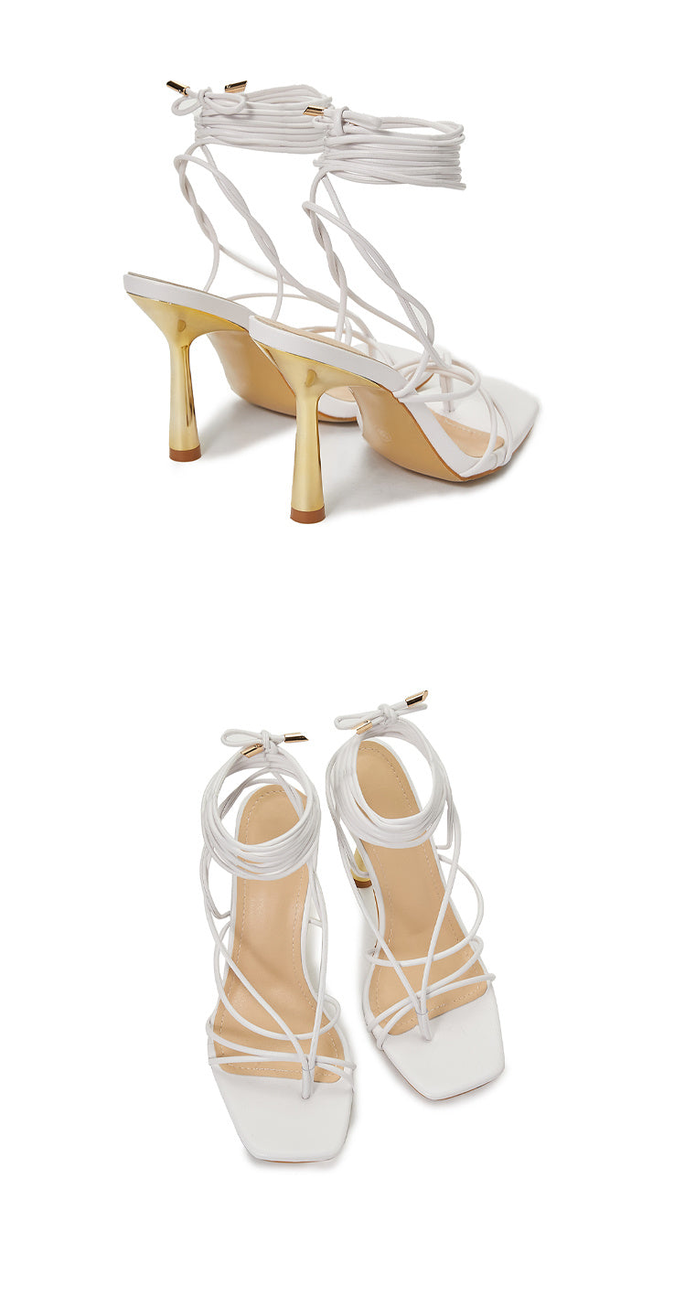 Square Toe Metal Stiletto Heel Cross Strap Thong Fashion Roman Sandals Women's Large Size