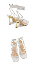 Square Toe Metal Stiletto Heel Cross Strap Thong Fashion Roman Sandals Women's Large Size