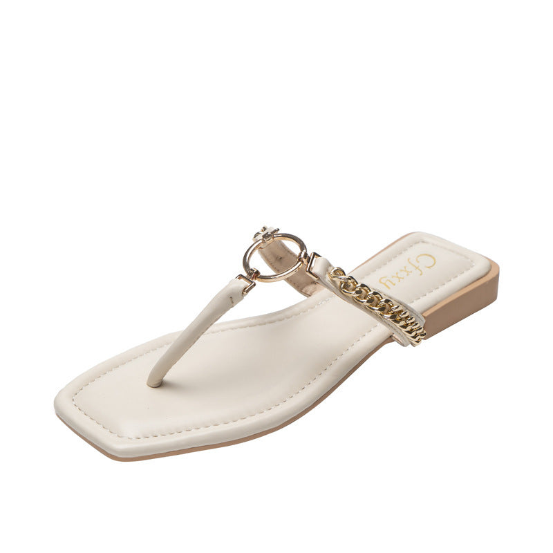 Fashion Chain Round Buckle Flip Flops Womens Low Heels  Sandals