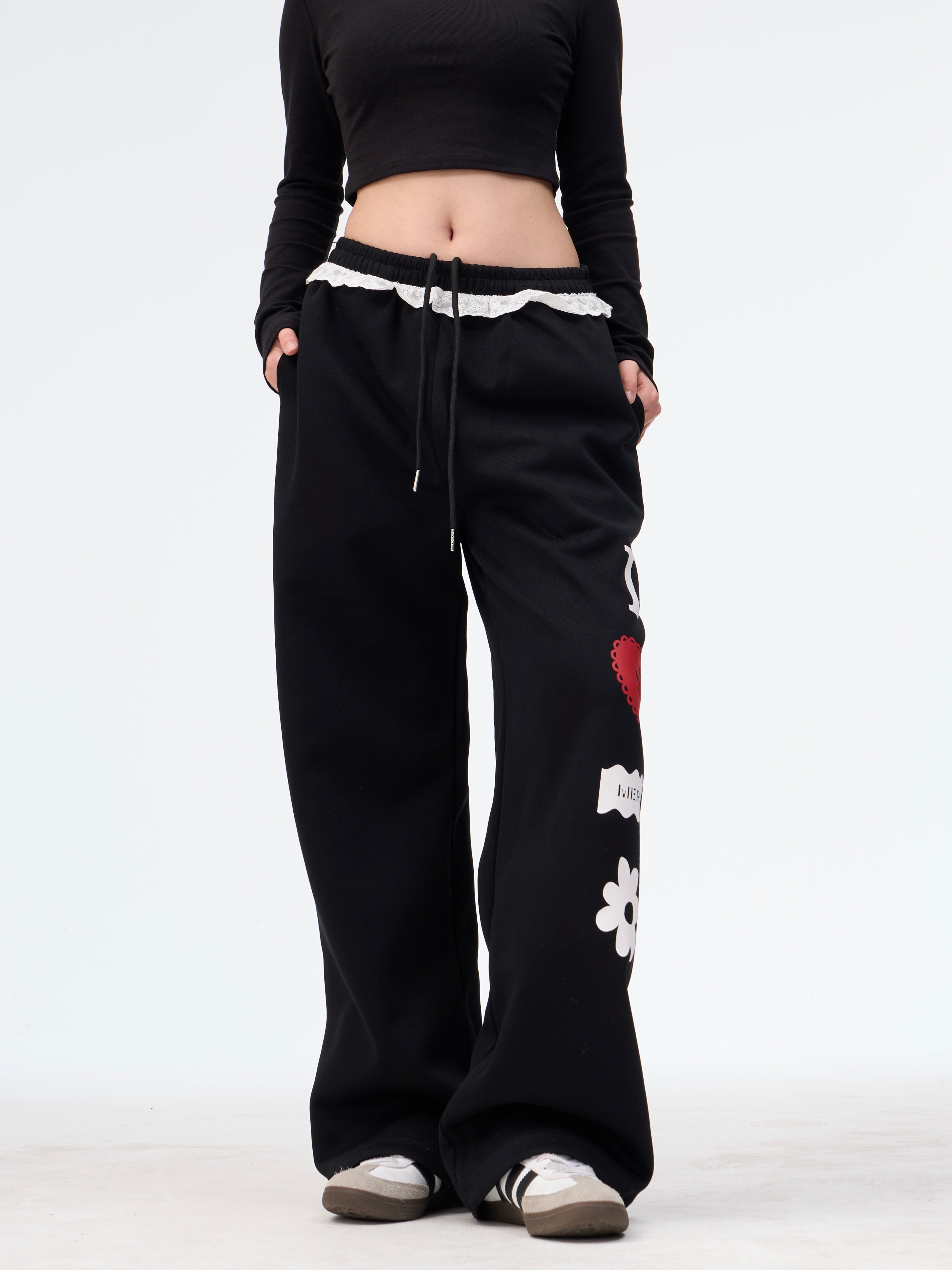 Vintage Lace Sweatpants Loose Straight Trousers Casual Women