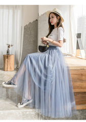 The New Solid Color Large Swing Mesh Skirt Mid-Length Slim Pleated Skirt