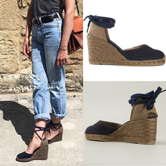 Cord Straw Oxford Wedge Sandals Crossover Strap