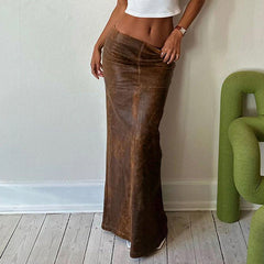 Women's Retro Brown Leather Skirt – Long Low-Waist Back Slit Design, American Style Covered-Hip Skirt for Early Autumn