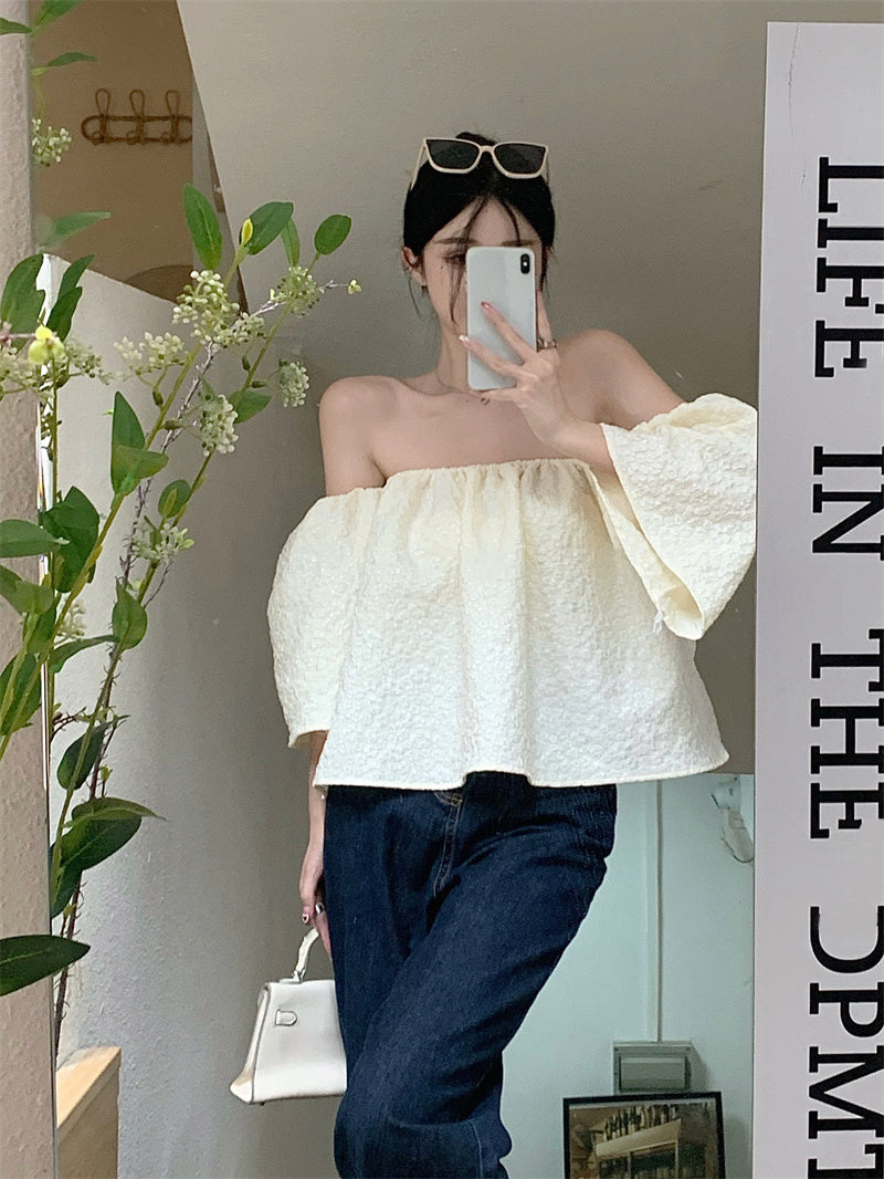One-shoulder Short-sleeved Shirt Puff-sleeve Cropped Top