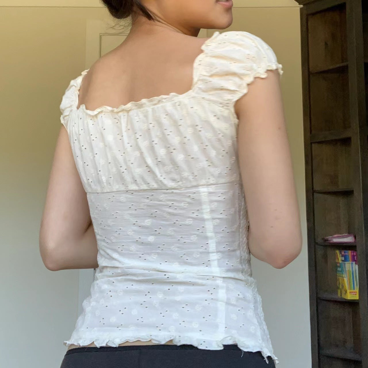 New Pleated Shoulder Button Fold Over Lace Bodice