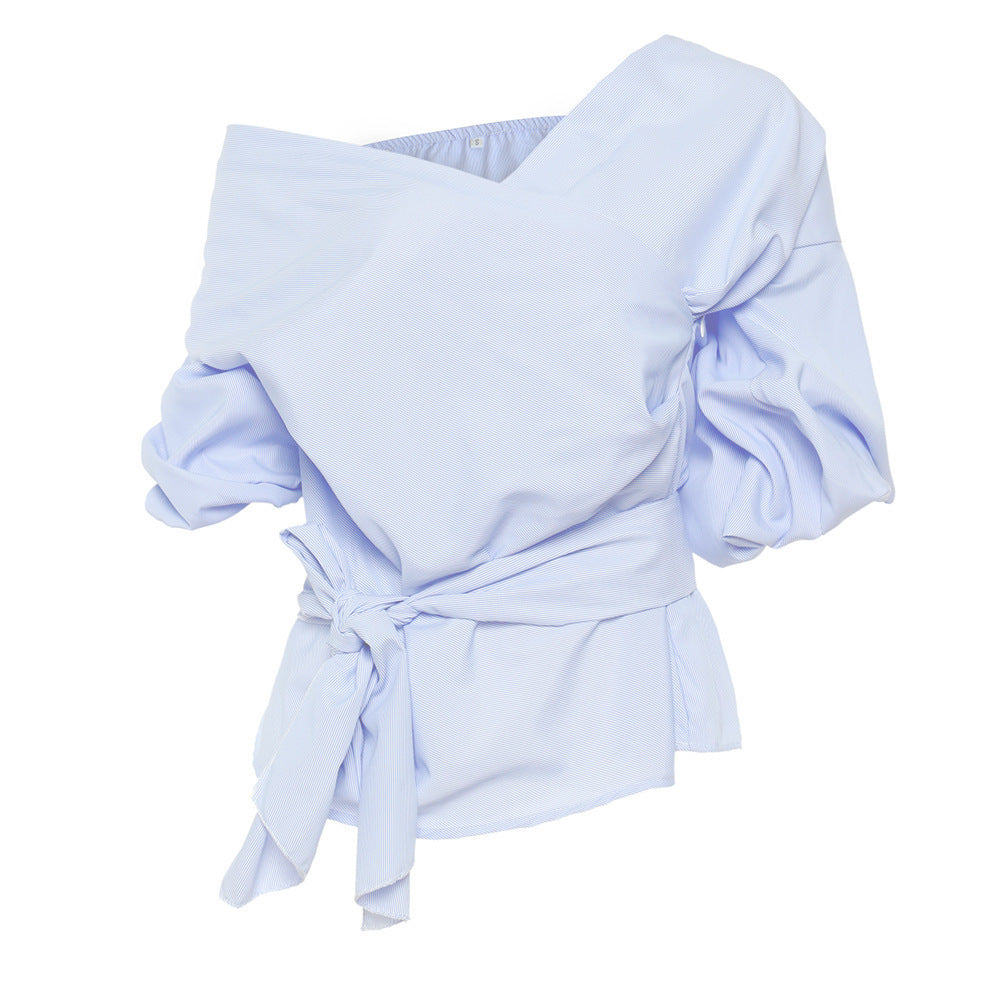 DishyKooker Slim Fit Puff Sleeve Off-Shoulder V-Neck Blouse