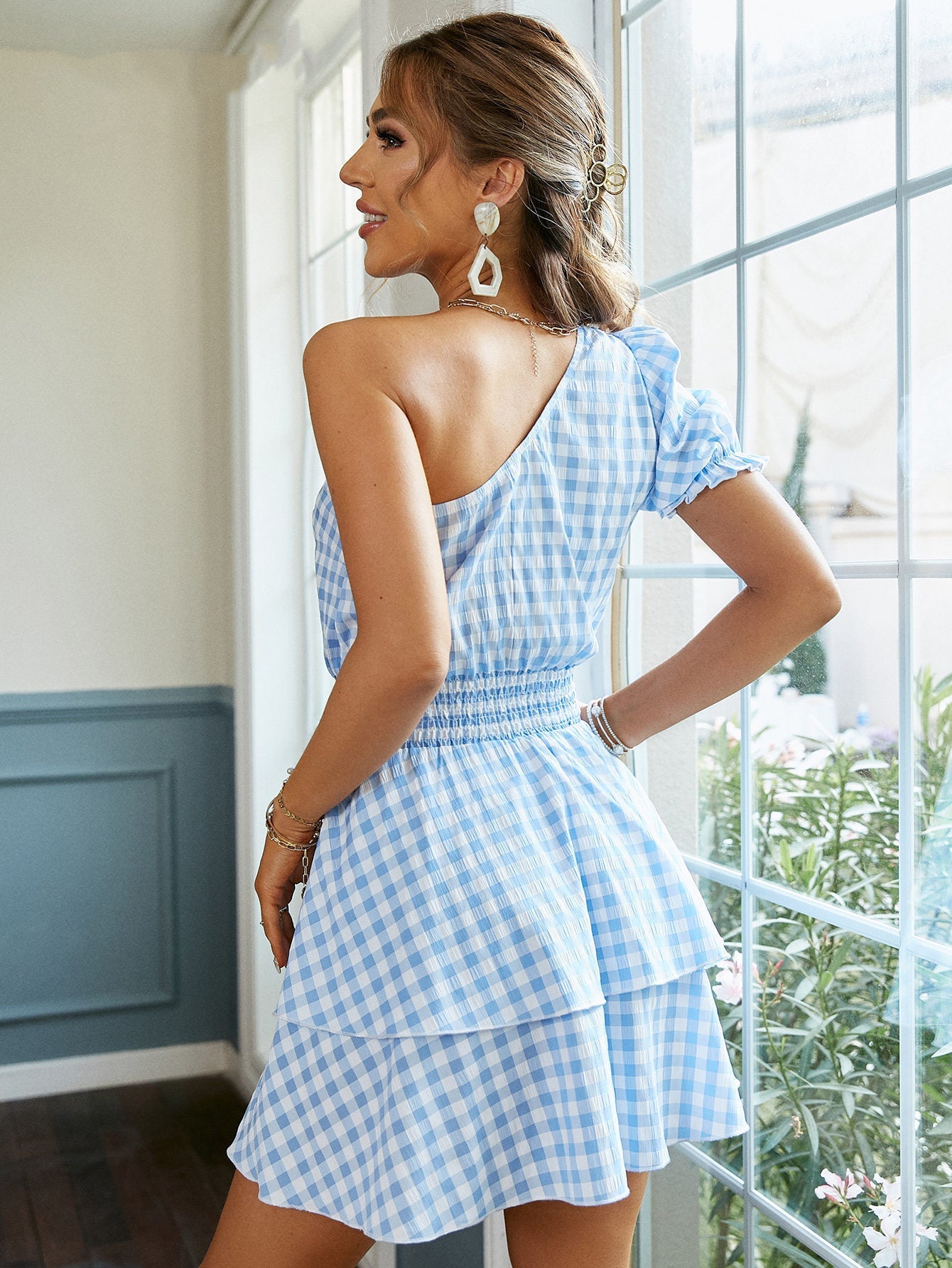 New Fashion Plaid Blue High Waist Pullover Dress