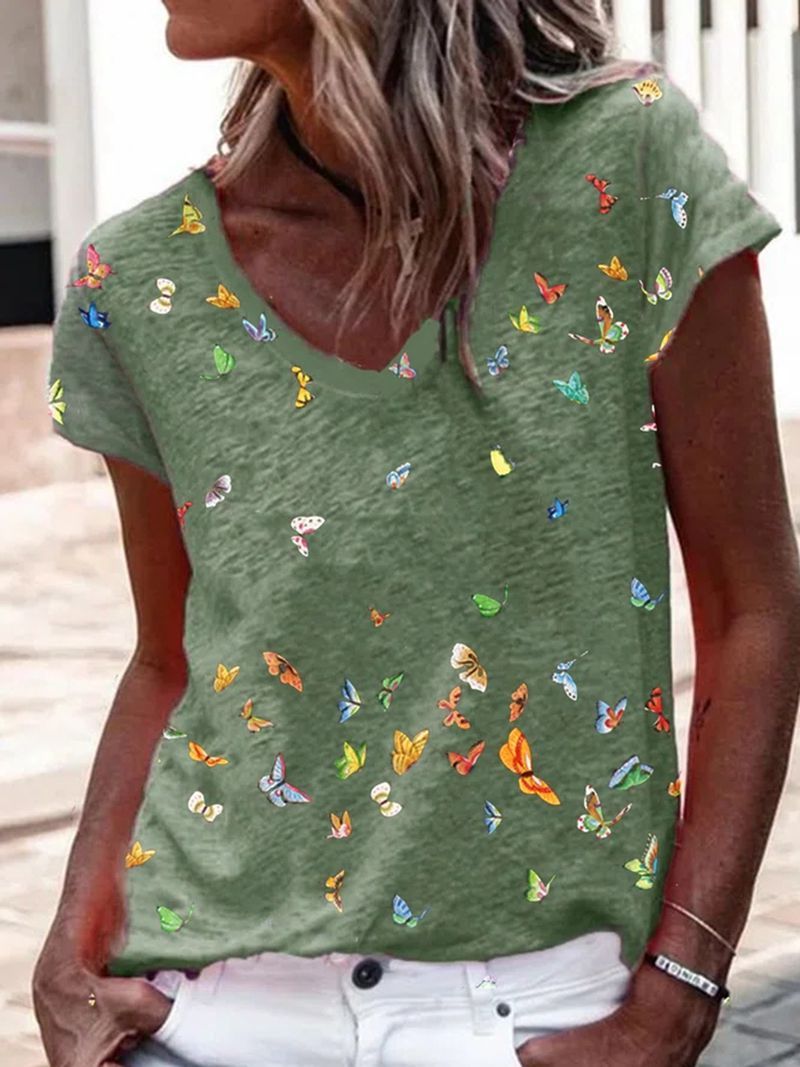 Ladies’ Tops Printed V-neck Short-sleeved T-shirt Women - Green / 2XL - Clothing