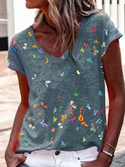 Ladies’ Tops Printed V-neck Short-sleeved T-shirt Women - Blue / 2XL - Clothing