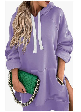 Fleece Loose Side Slit Hooded Long-sleeved Sweater Women's Clothing