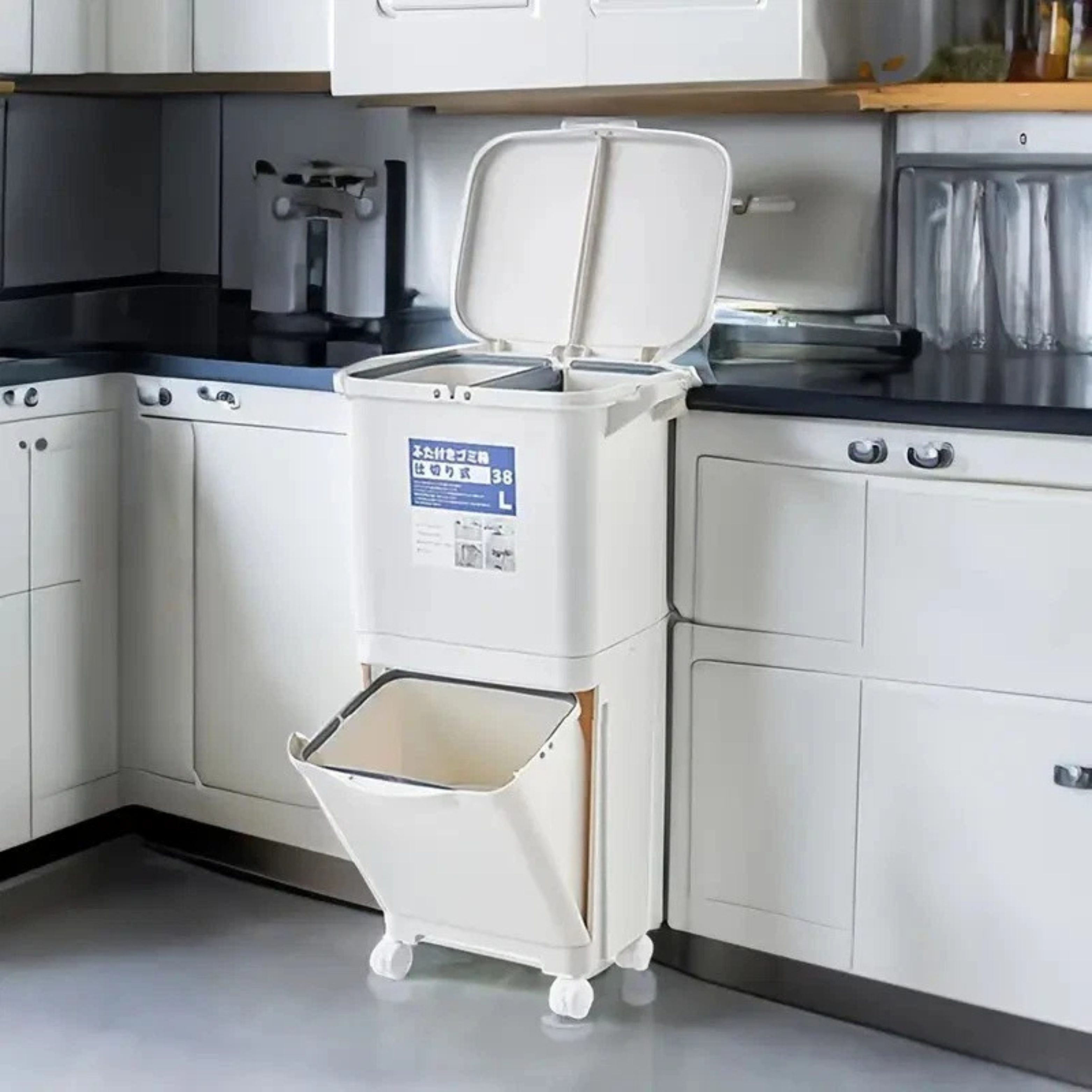 Dual-Compartment Rolling Kitchen Bin 83L - Wheeled Waste Trolley, Grey