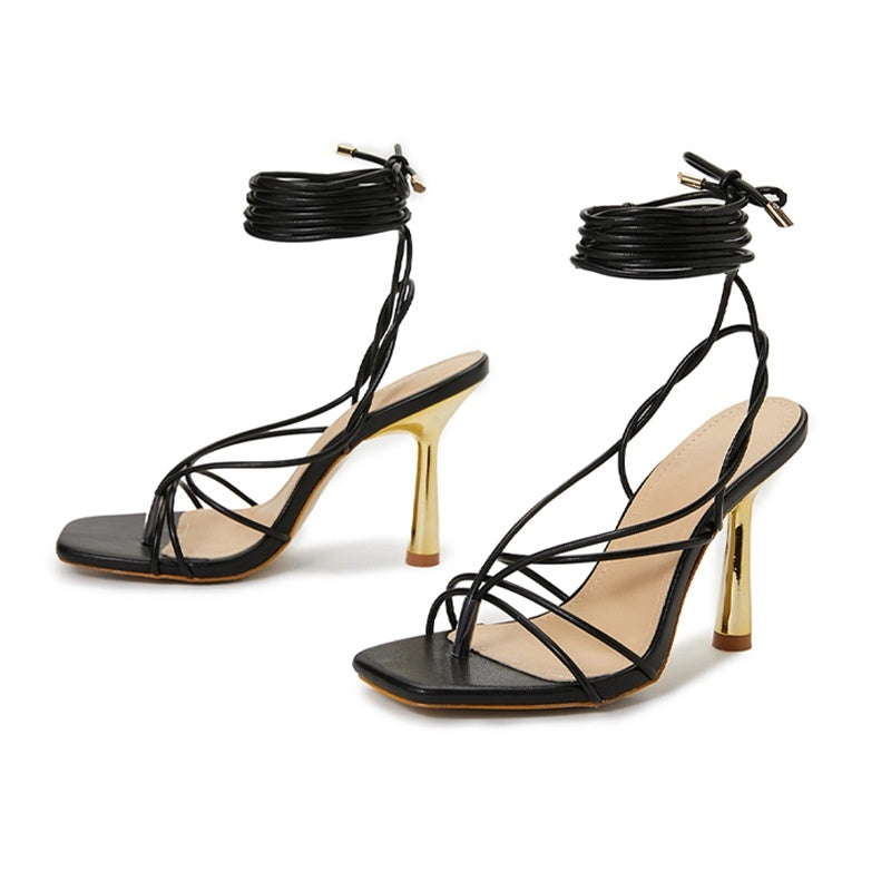 Square Toe Metal Stiletto Heel Cross Strap Thong Fashion Roman Sandals Women's Large Size
