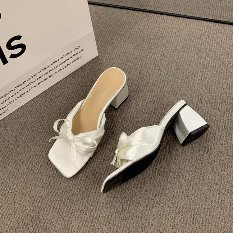 French Style High-grade Satin Bow Chunky Heel Sandals Women's Outer Wear  High Heels