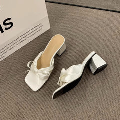 French Style High-grade Satin Bow Chunky Heel Sandals Women's Outer Wear  High Heels