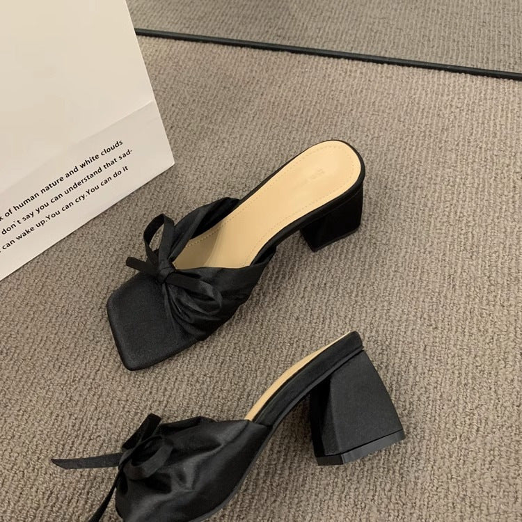 French Style High-grade Satin Bow Chunky Heel Sandals Women's Outer Wear  High Heels