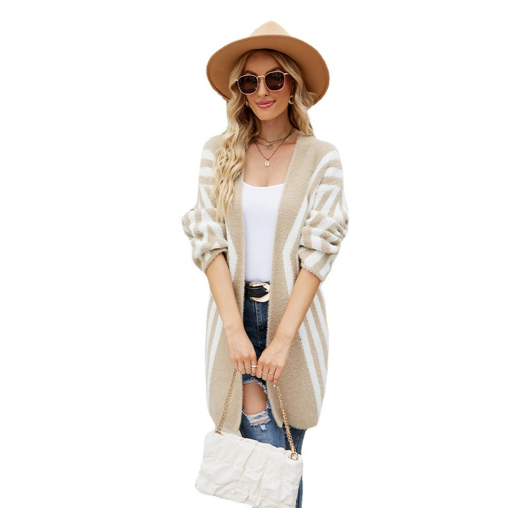 Women's Clothing V-neck Color-block Striped Loose Oversized Cardigan