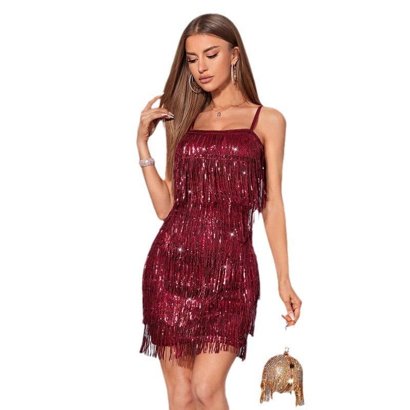 Sequined Suspender Tassel Cocktail Dress Party Dress Short Skirt