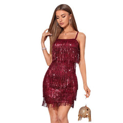 Sequined Suspender Tassel Cocktail Dress Party Dress Short Skirt