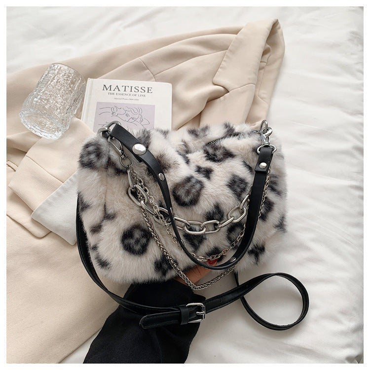 Winter Plush Bags Chain Shoulder Bag Women Flowers Print Handbags - White - Clothing