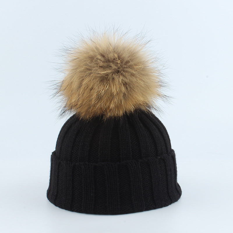 Parent-Child Children Raccoon Dog Fur Ball Hat Thermal Knitting - Black / Adult 55to60cm - Hat
