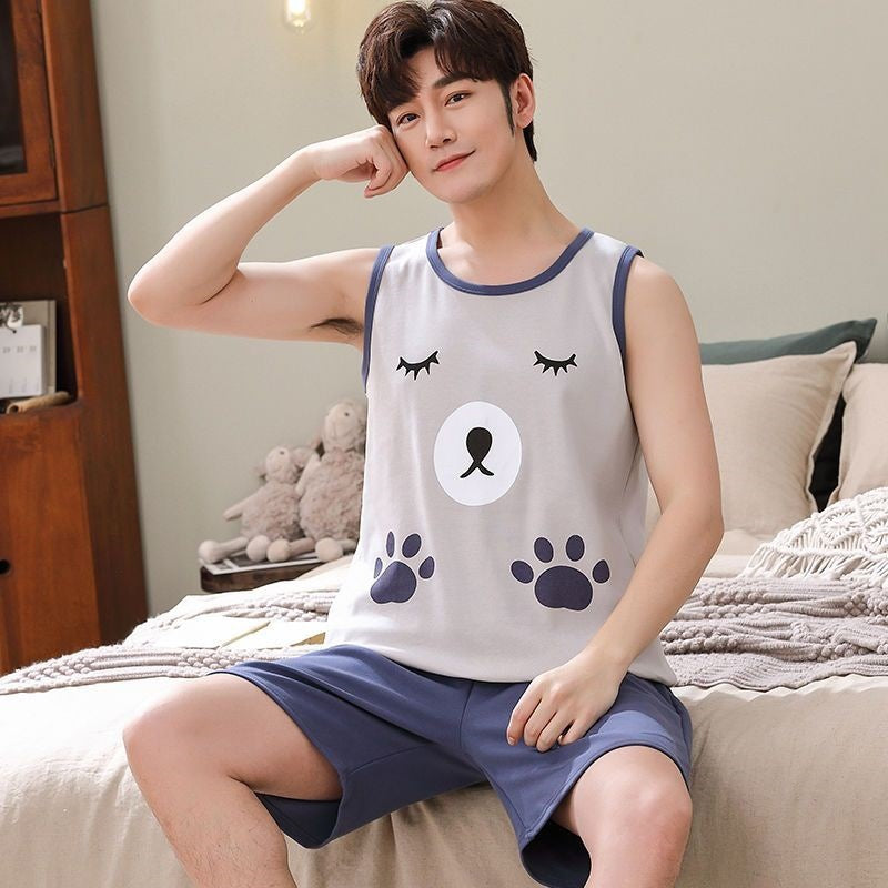 High-grade Cotton Sleeveless Pajamas Men’s Vest Shorts Suit - Vest Q1277 Mi Bear / 2XL - Hat