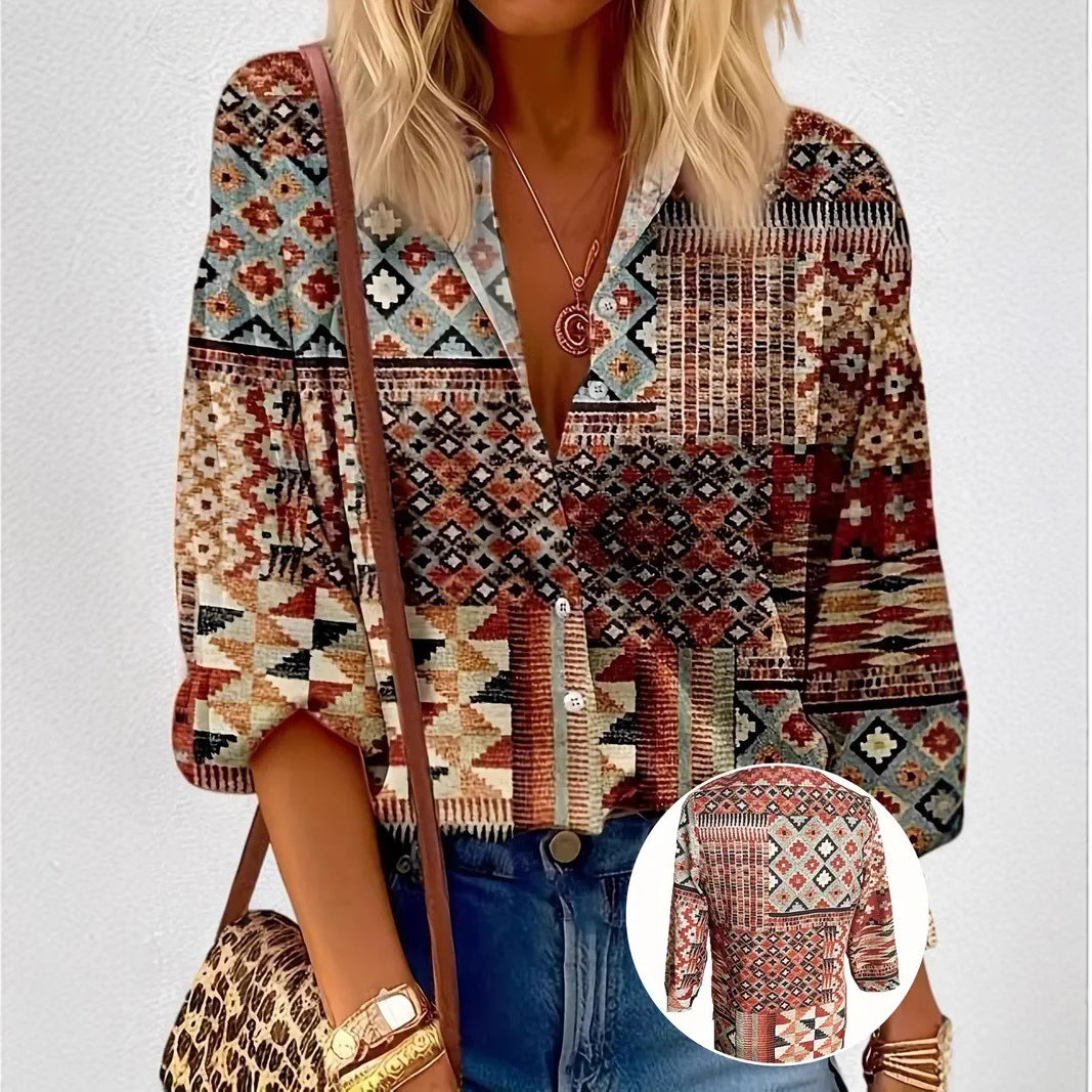 Women’s Color Matching Casual Loose Button Digital Printing Shirt - Hat