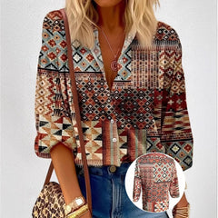Women’s Color Matching Casual Loose Button Digital Printing Shirt - Hat