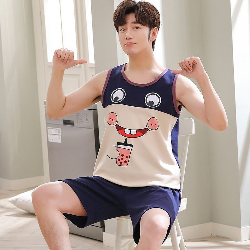 High-grade Cotton Sleeveless Pajamas Men’s Vest Shorts Suit - Vest Q625 Milk Tea Bear / 2XL - Hat