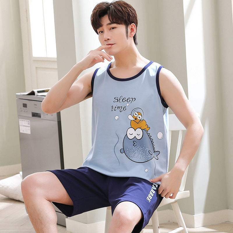 High-grade Cotton Sleeveless Pajamas Men’s Vest Shorts Suit - Hat