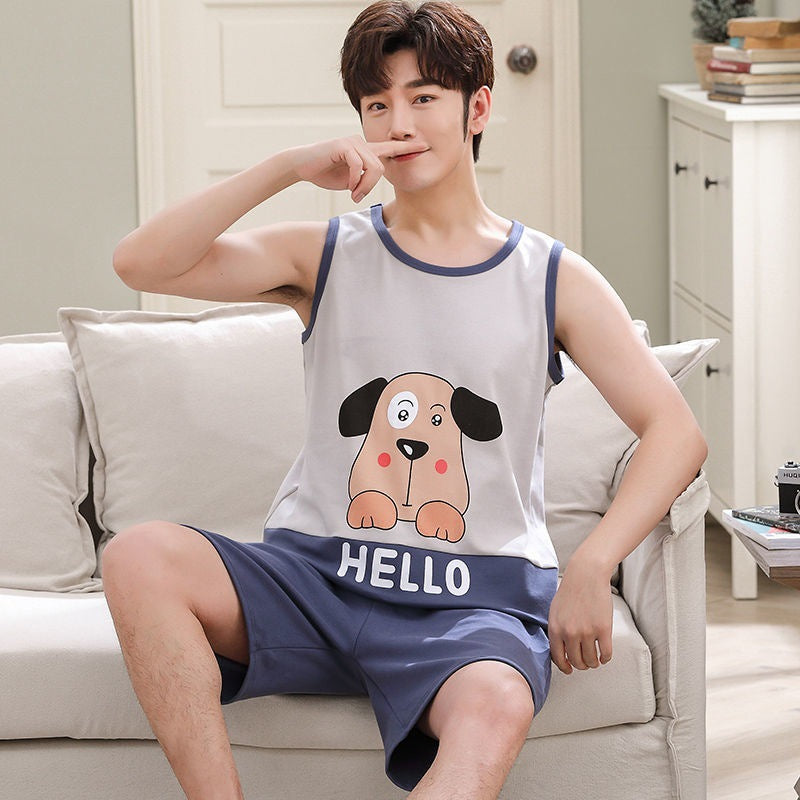 High-grade Cotton Sleeveless Pajamas Men’s Vest Shorts Suit - Vest Q1257 Gray And Blue Puppy / 2XL - Hat