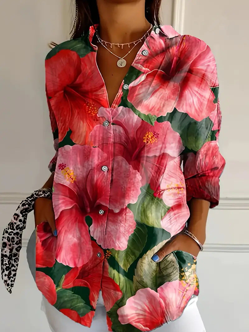 Women’s Color Matching Casual Loose Button Digital Printing Shirt - Style06 / 2XL - Hat
