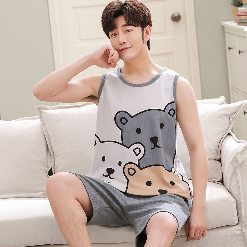 High-grade Cotton Sleeveless Pajamas Men’s Vest Shorts Suit - Hat