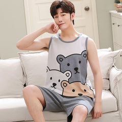 High-grade Cotton Sleeveless Pajamas Men’s Vest Shorts Suit - Hat