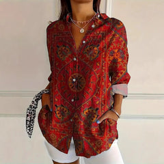 Women’s Color Matching Casual Loose Button Digital Printing Shirt - Hat