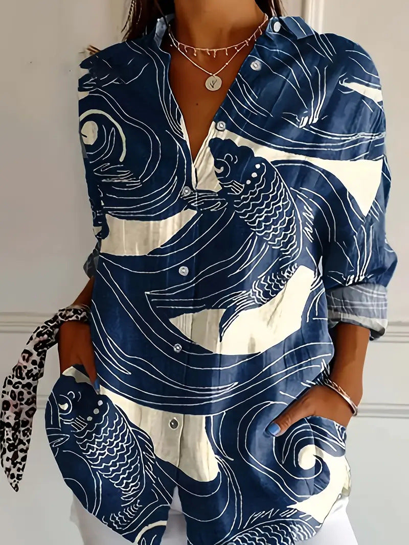 Women’s Color Matching Casual Loose Button Digital Printing Shirt - Style08 / 2XL - Hat
