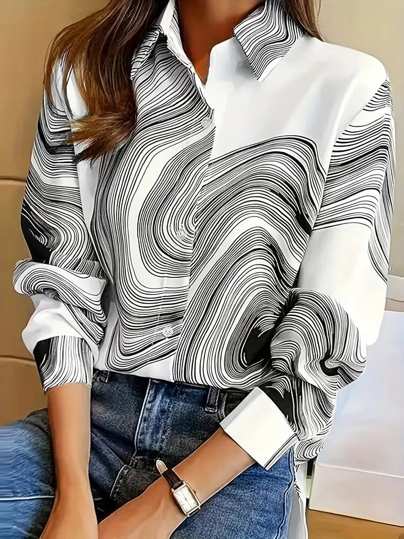 Women’s Color Matching Casual Loose Button Digital Printing Shirt - Style09 / 2XL - Hat