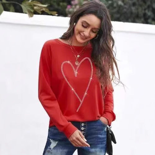 Heart Printing Round Neck Long Sleeve Sweatshirt Tops