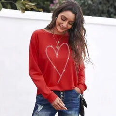 Heart Printing Round Neck Long Sleeve Sweatshirt Tops