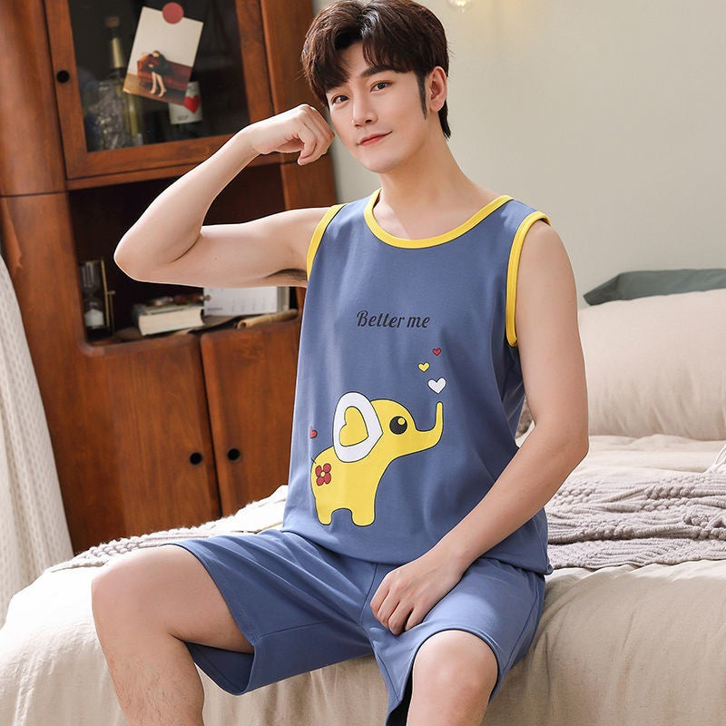 High-grade Cotton Sleeveless Pajamas Men’s Vest Shorts Suit - Vest Q1281 Love Elephant / 2XL - Hat
