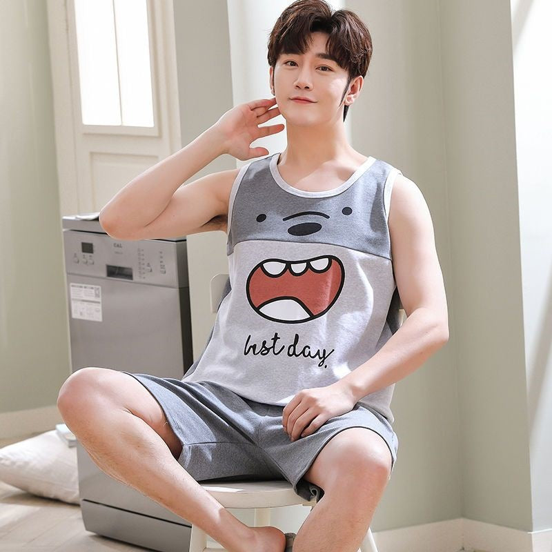 High-grade Cotton Sleeveless Pajamas Men’s Vest Shorts Suit - Vest Q1245 Nylon Bear / 2XL - Hat