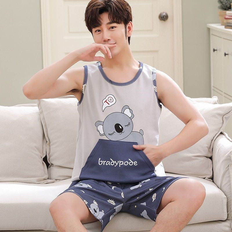 High-grade Cotton Sleeveless Pajamas Men’s Vest Shorts Suit - Vest Q1269 Pocket Kaola / 2XL - Hat