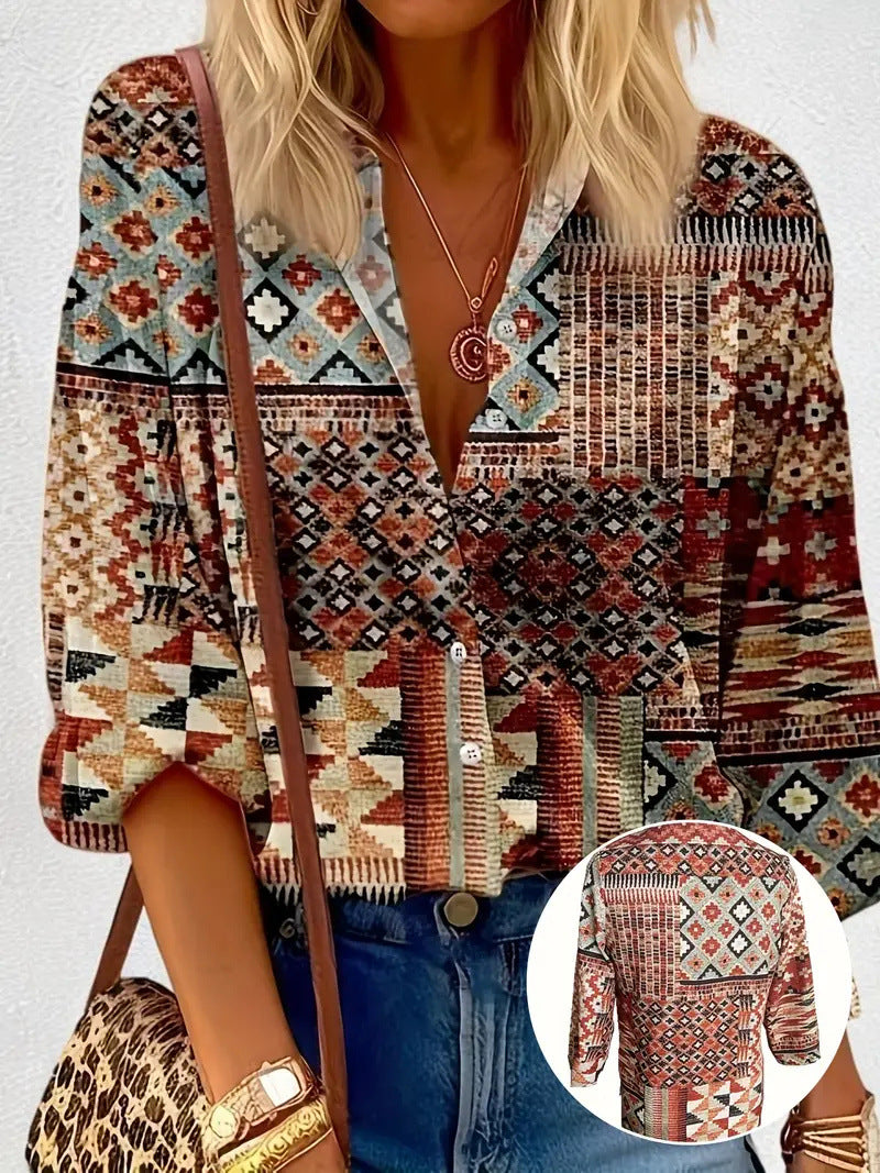 Women’s Color Matching Casual Loose Button Digital Printing Shirt - Style02 / 2XL - Hat