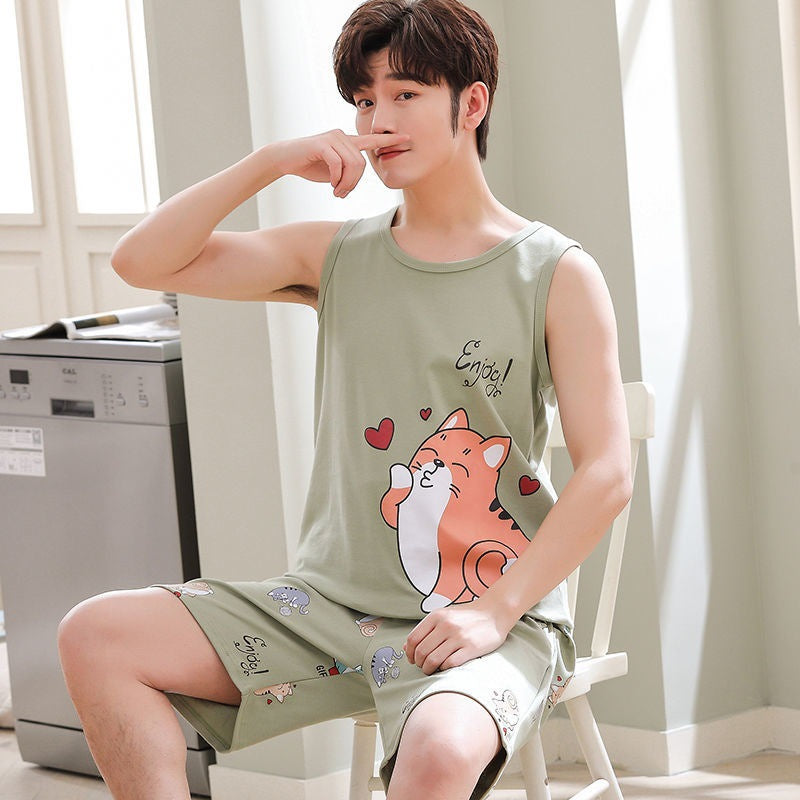 High-grade Cotton Sleeveless Pajamas Men’s Vest Shorts Suit - Vest Q1273 Green Love Cat / 2XL - Hat