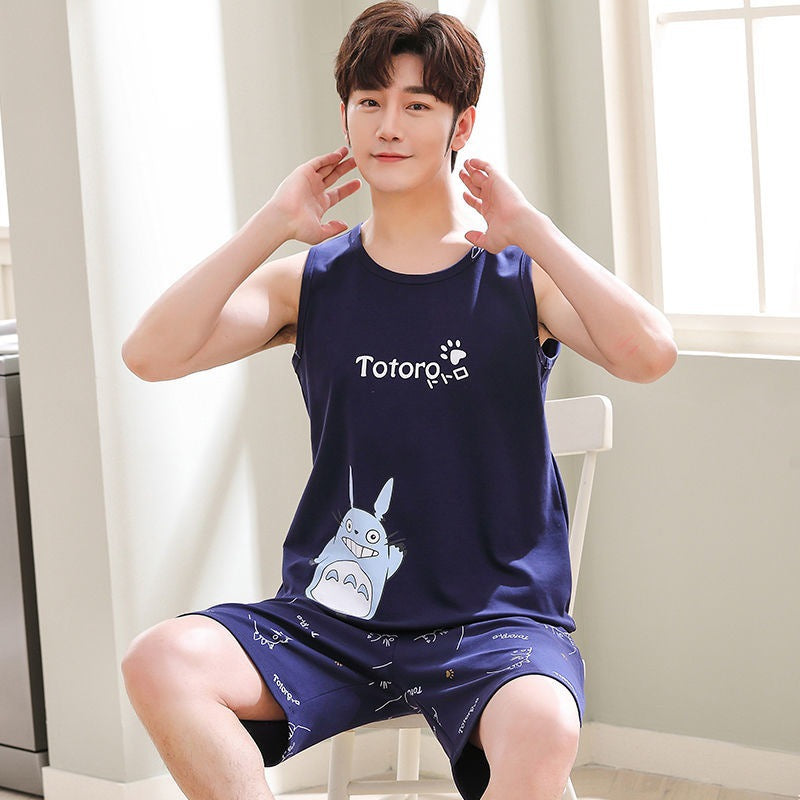 High-grade Cotton Sleeveless Pajamas Men’s Vest Shorts Suit - Hat