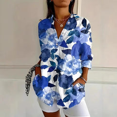 Women’s Color Matching Casual Loose Button Digital Printing Shirt - Hat