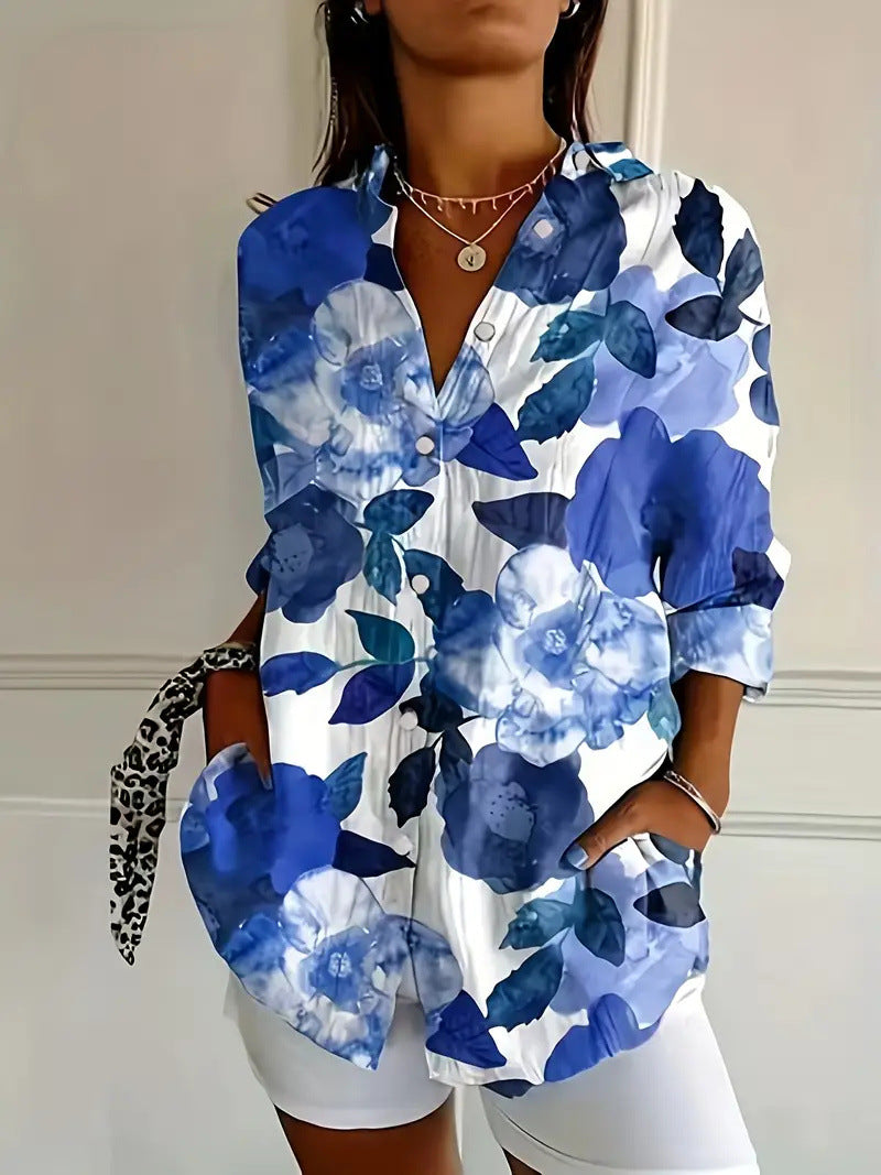 Women’s Color Matching Casual Loose Button Digital Printing Shirt - Style04 / 2XL - Hat