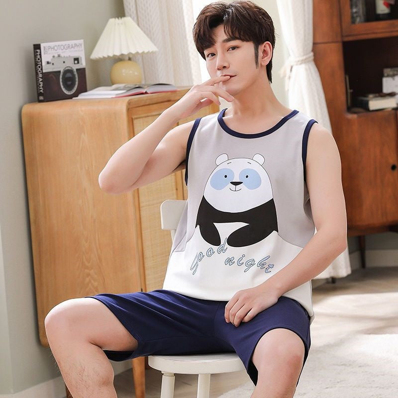High-grade Cotton Sleeveless Pajamas Men’s Vest Shorts Suit - Vest Q1287 Dark Blue BEBEAR / 2XL - Hat