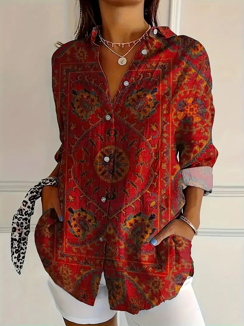 Women’s Color Matching Casual Loose Button Digital Printing Shirt - Style05 / 2XL - Hat