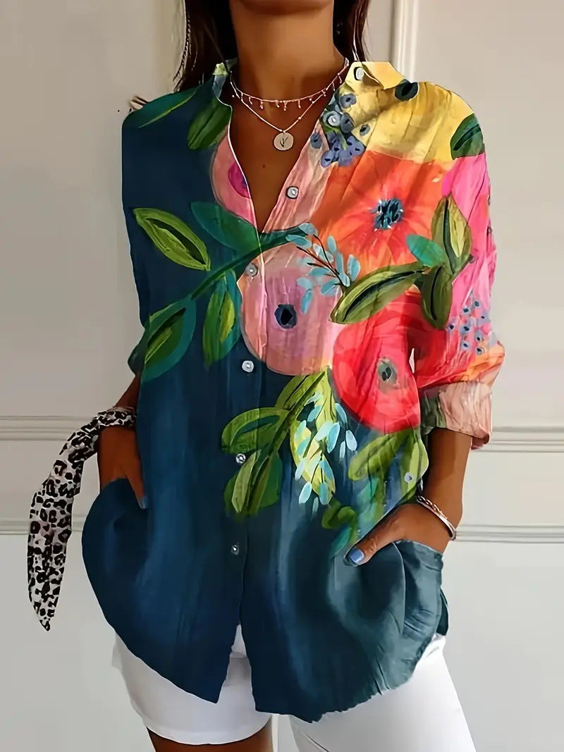 Women’s Color Matching Casual Loose Button Digital Printing Shirt - Style03 / 2XL - Hat